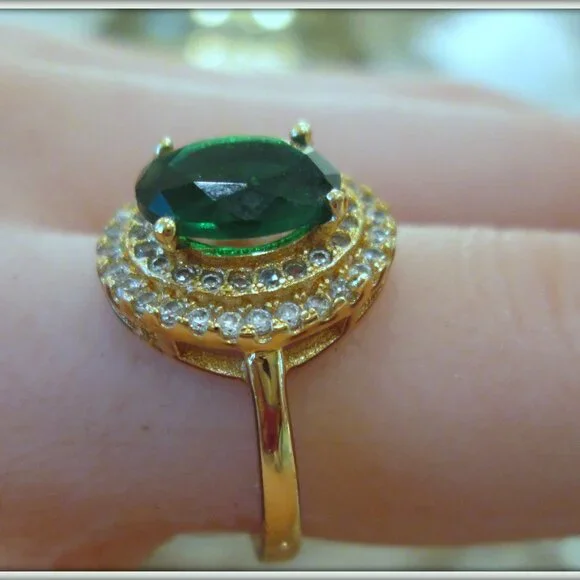 Emerald Ring Green Oval Cut Gem Engagement Halo Ring Moissanite Round size 9